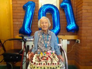 Janet Wigmore with her 101st birthday cake at RMBI Home Cadogan Court in